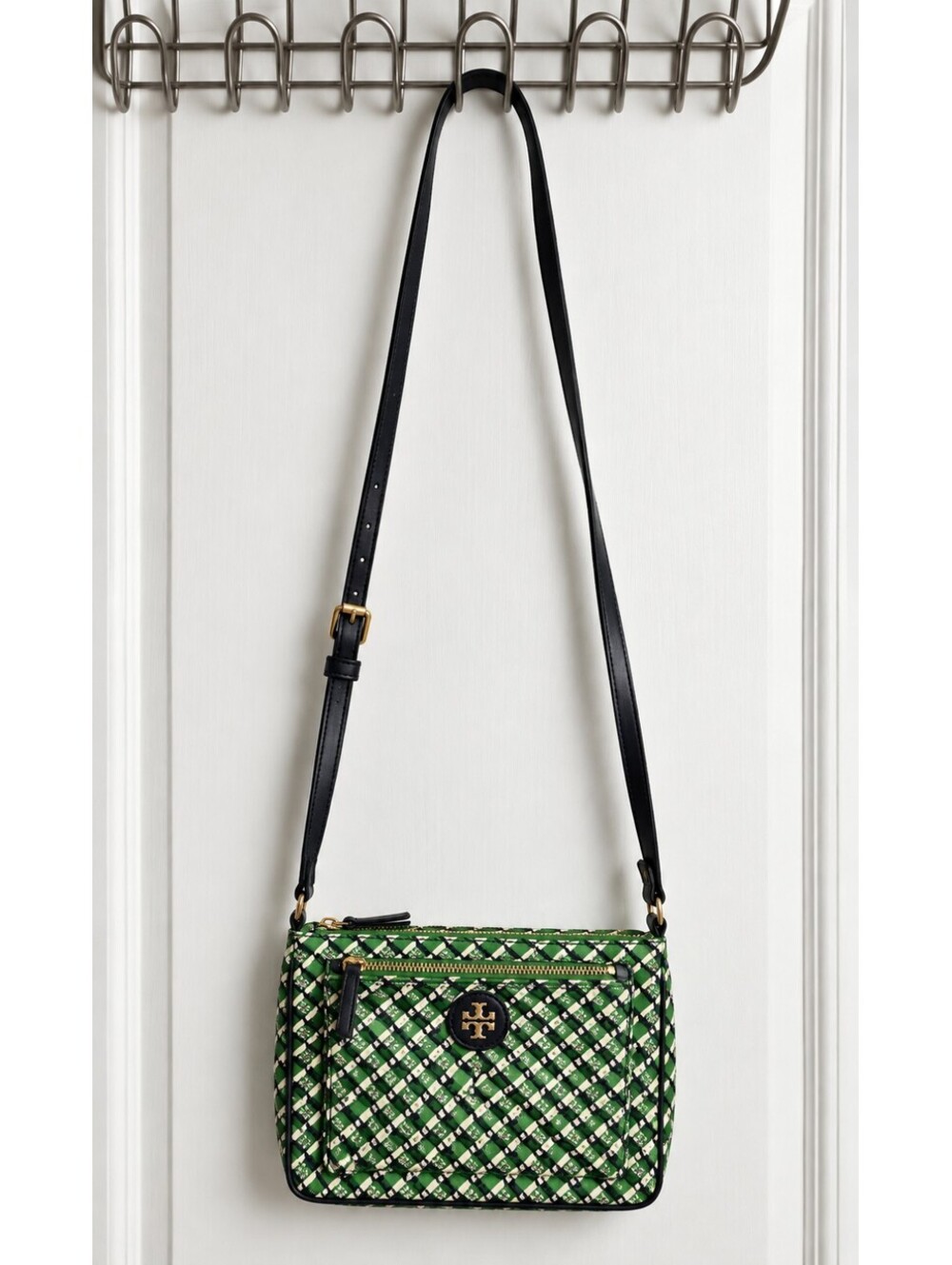 Tory Burch Green Geometric Print Nylon Crossbody Bag Adjustable Strap